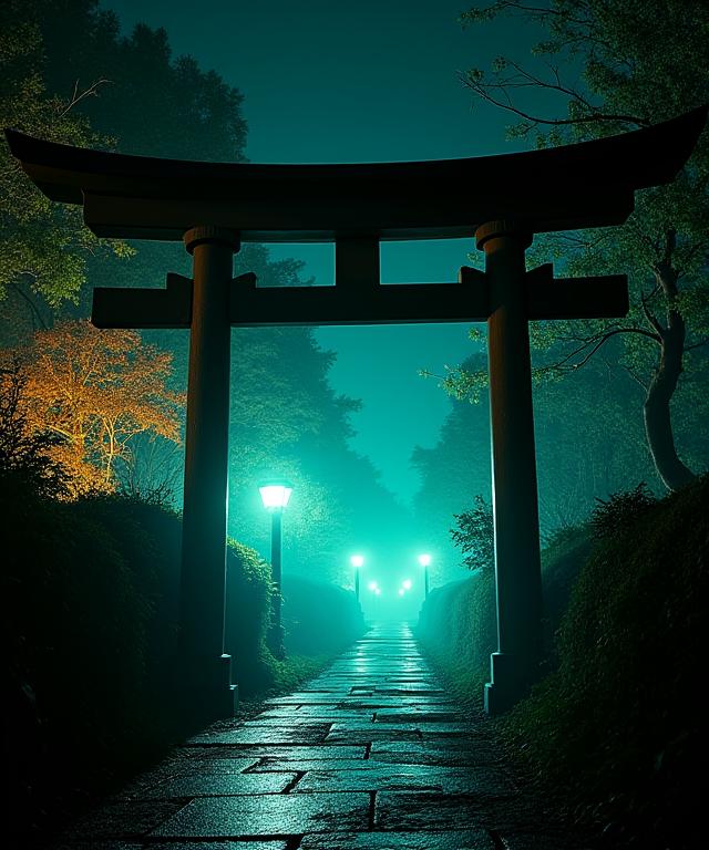 ARエフェクトが重ねられた夜の神社の鳥居