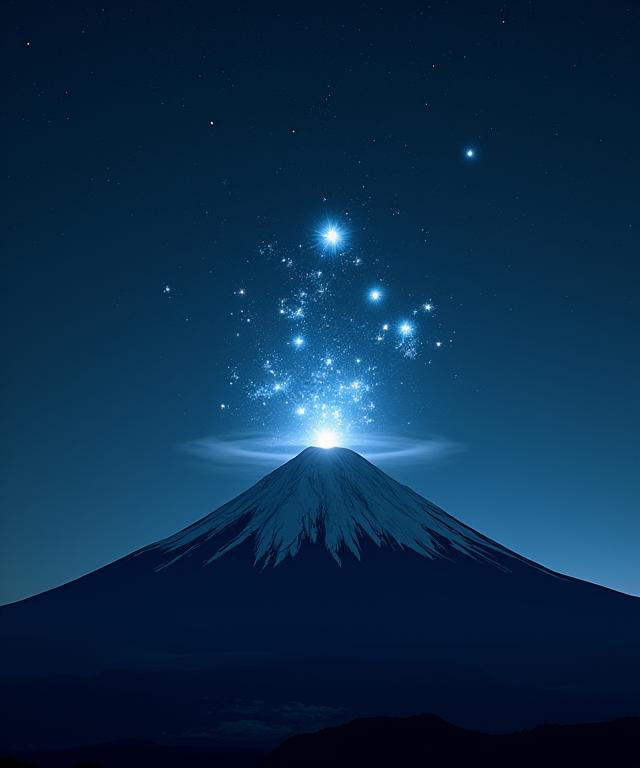 富士山のシルエットの上に星座のARグラフィックが表示されている夜空